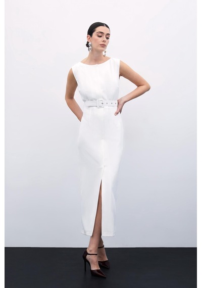 Sateen Kemerli Kalem Elbise - Ekru-135813 Ekru