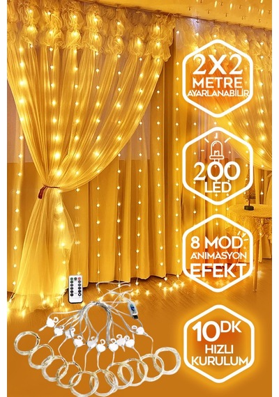 2x2 Metre Usb'li 8 Animasyonlu Uzaktan Kumandalı Gün Işığı Peri Tel Led Perde Sarı