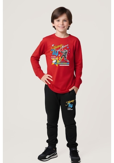 Panios Kids Erkek Çocuk Baskılı Beli Lastık Detaylı Alt-üst Takım Gri