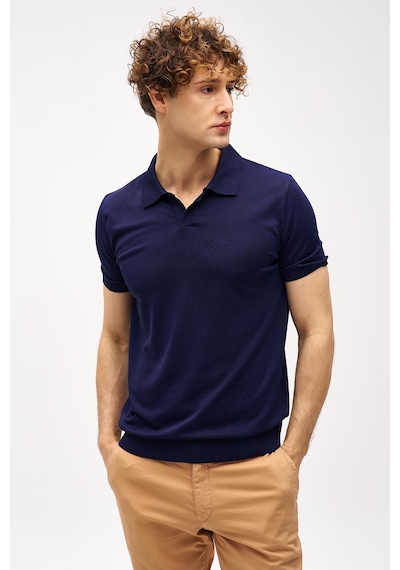 Lacivert Slim Fit Dar Kalıp Polo Yaka Düz Kısa Kollu Triko Tişört-16333 Lacivert