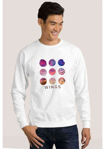 K Pop Wings Music Koreli Muzik Baskılı Beyaz Erkek Örme Sweat