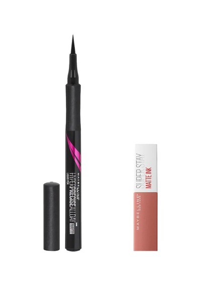 Maybelline New York Hyper Precise All Day Eyeliner 701 Matte Onyx Mat Siyah & Mini Super Stay Matte Ink Likit Mat Ruj 65 Seductress Makyaj Seti 0