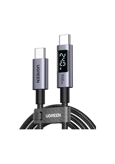 Ugreen Usb-c To Ubb-c 240w Dijital Göstergeli Örgü Hızlı Şarj Kablosu, 1m, Siyah, 65866