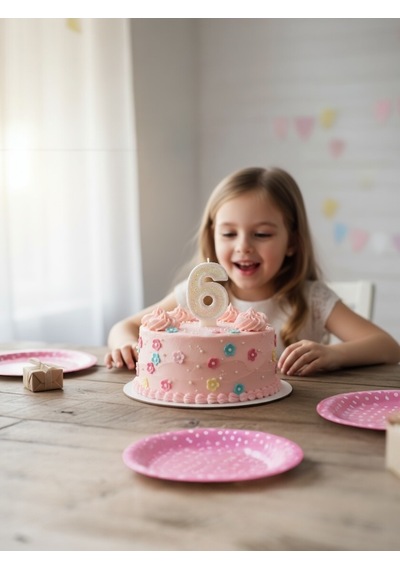 Pembe Simli Pasta Mumu Doğum Günü Mum 6 Yaş