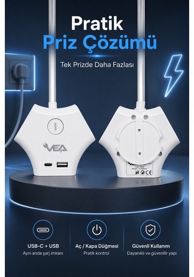 3'lü Grup Priz 2 Usb Type-c Girişli Ayrı Anahtarlı 1.5 Metre Uzatma Kablosu 16a 3680w Ev Ofis Duvar Monteli 0
