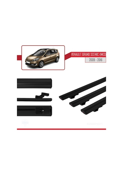 Renault Grand Scenic Mk3 2009-2016 Arası İle Uyumlu Basic Model Ara Atkı Tavan Barı Siyah 3 Adet
