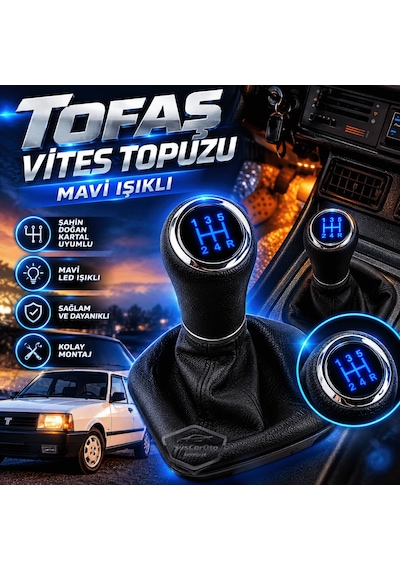 Tofaş Mavi Led Işıklı Deri Vites Topuzu Ve Körüğü Set Şahin Doğan Kartal Uyumlu Körüklü Vites Topuzu 5 İleri 1 Geri Siyah