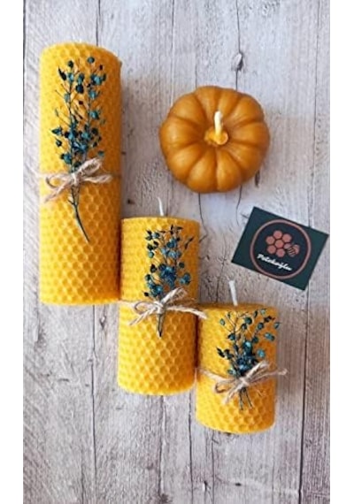 Dekoratif Doğal Petek Balmumu Mum Bal Kabağı Çiçekli Set Bal Mumu Mum Hediyelik Açık Ahşap