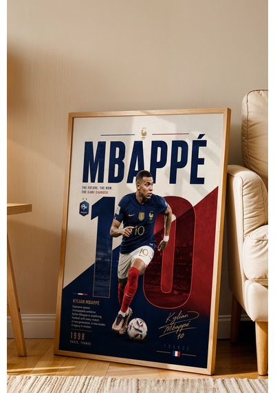 Mbappe Çerçeveli Tablo Lüks Futbolcu Duvar Posteri Premium Odası Dekoru Sporcu Hediyesi Kayın