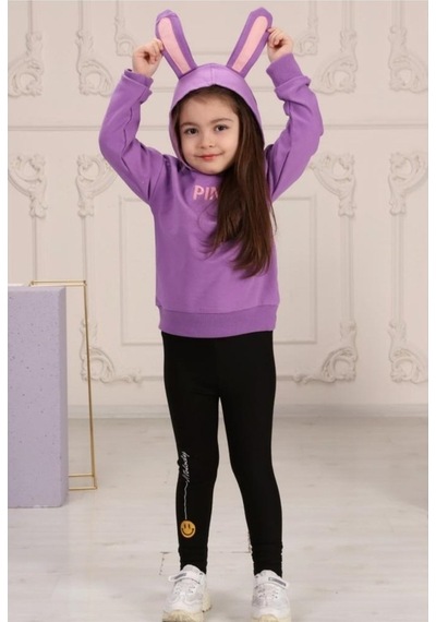Quzucuk Kids Kız Çocuk Tavşan Figürlü Lila Eşofman Takımı Lila