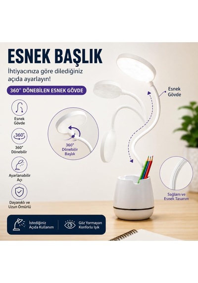 Tr Masa Lambası, Esnek Gövdeli Gece Lambası Ve Kalemlik, Dokunmatik Işık Parlaklığı Hassasiyeti, 3 Farklı Renk Diğer