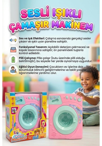 Sesli Işıklı Pilli 4 Düğmeli Çamaşır Makinası Kapakları Açılabilir Fonksiyonlu Eğitici Oyuncak Seti 1