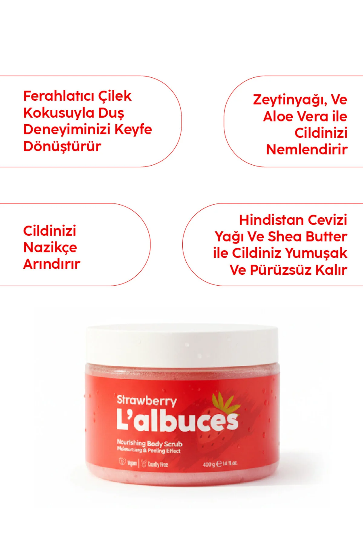 Strawberry Body Scrub 400gr Vegan, Temiz İçerikli, Çilek Kokulu Pürüzsüz Cilt Bakımı