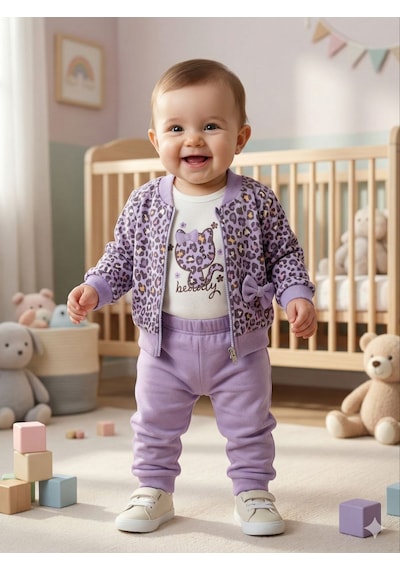 Lika&Nika Kız Bebek 3'lü Takım: Leopar Desenli Fermuarlı Ceket & Body & Eşofman Altı Açık Lacivert