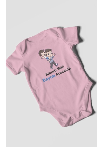 Sıkıntı Yok Dayım Arkamda Baskılı Bebek Zıbını Çıtçıtlı Body %100 Pamuk Kısa Kol Koyu Pembe
