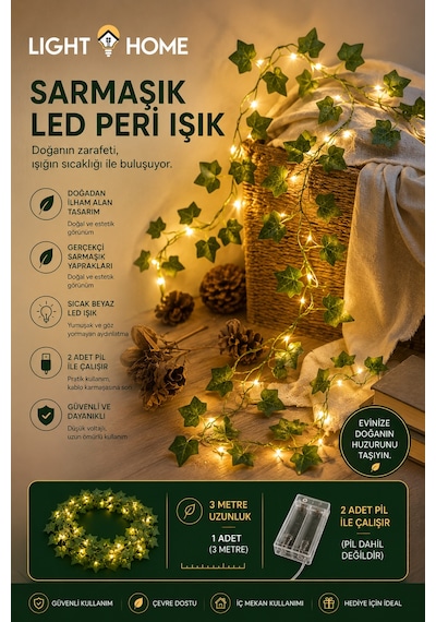 3 Metre 30 Led Li Yapay Sarmaşık Peri Işık Balkon, Bahçe, Oda Ve Duvar Dekoru Sarı