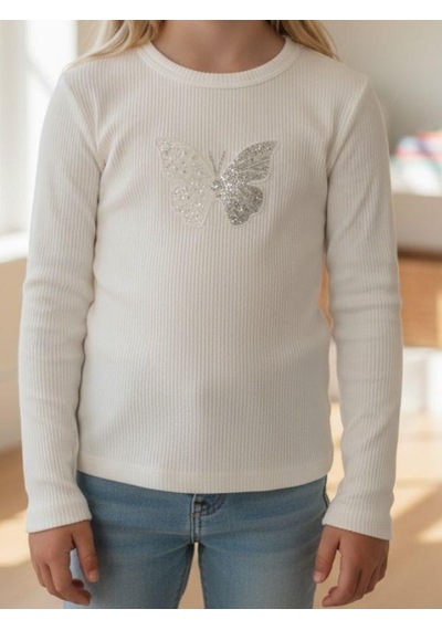 Zekids Kız Çocuk Boncuklu Kelebek İşlemeli Fitilli Uzun Kollu T-shirt-16380 Ekru