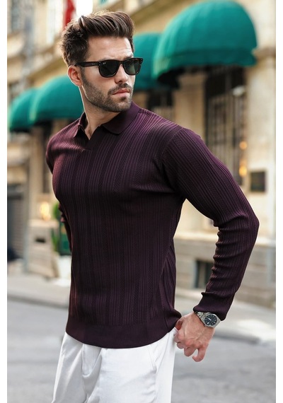 Madmext Mürdüm Polo Yaka Desenli Over Fit Erkek Triko Kazak E7517