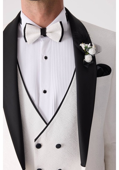 Ysf Erkek Beyaz Damatlık Slim Fit Kırlangıç Yaka Desenli