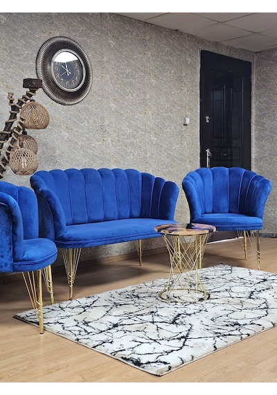 Zafir Gold Kaplama Tel Ayak Papatya Çay Seti Koltuk Takımı , Balkon, Salon, Ofis, Cafe Koltuk Takımı Mavi
