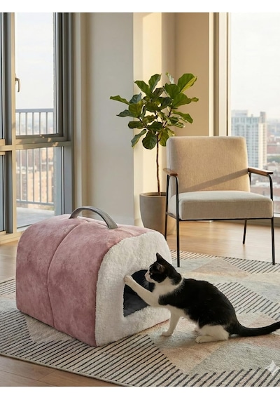 Taşınabilir Kedi Köpek Yatağı Mağara Model Yuva, Pembe, M Beden