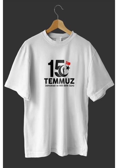15 Temmuz Demokrasi Ve Milli Birlik Günü Baskılı Oversize Bisiklet Yaka T-shirt - Beyaz Çok Renkli
