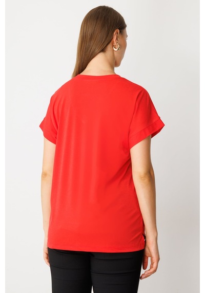 On Kadın Büyük Beden V Yaka Parçalı T-shirt 71476 Mercan