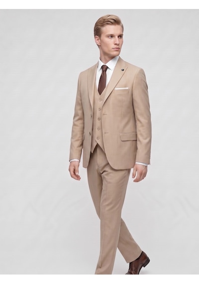 Tk6896 Erkek 3 Parça Slim Fit Çift Yırtmaçlı Takım Elbise Yelekli Şık Klasik Takım 6 Drop Camel