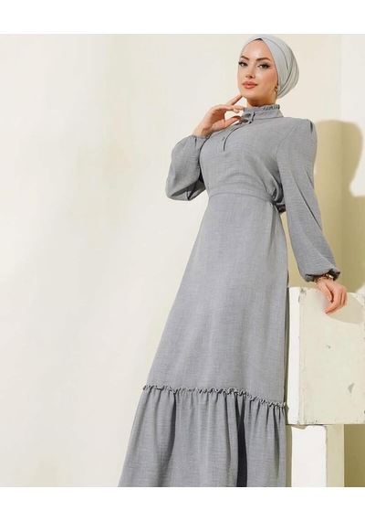 Lovie Moda Kadın Hakim Yaka Keten Elbise Gri Haki