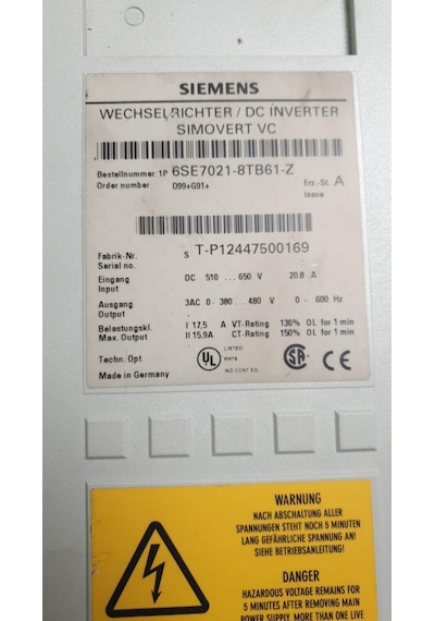 6se7021-8tb61-z Sıemens Sımovert Masterdrıves Vector Control Inverter Compact Unıt 2. El