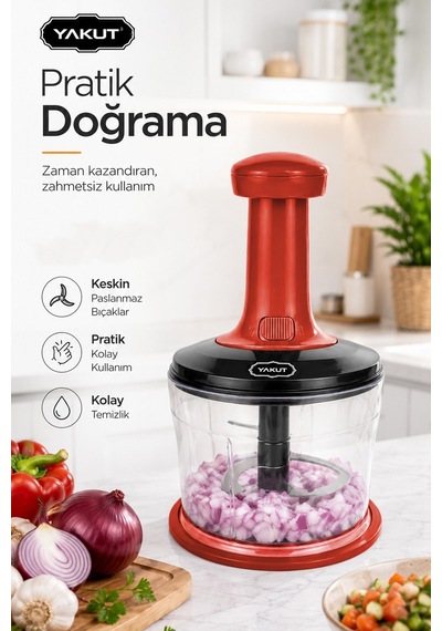 Üstten Basmalı Manuel Doğrayıcı Rondo Sebze Meyve Soğan Sarımsak Pratik Mutfak Doğrayıcı Kırmızı