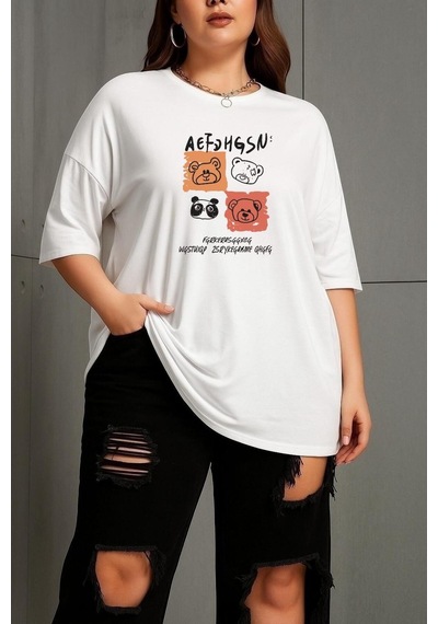 Büyük Beden Aef Ayıcık Baskılı Unisex Tişört Beyaz