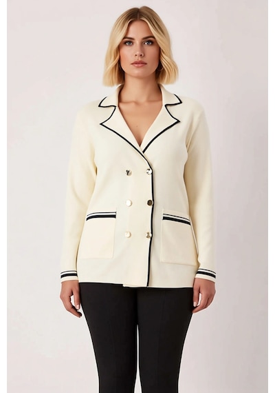 Benerly Kadın Çift Düğmeli Triko Blazer Hırka Çizgili Detaylı Ceket Yaka ekru
