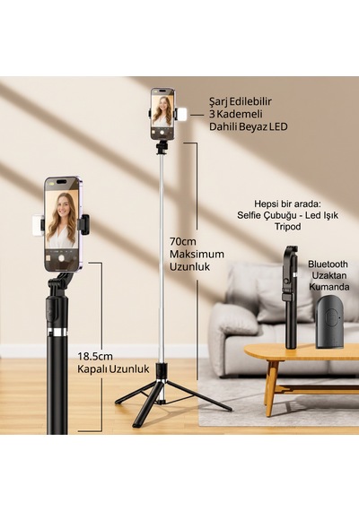 Genz Bilişim Led Işıklı Selfie Çubuğu Ve Bluetooth Kumandalı Kablosuz Selfie Stick Max: 70 Cm Uzunluk Siyah