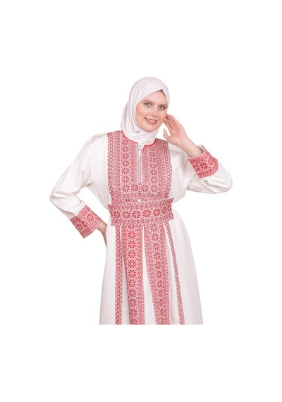 Zaytoon Beyaz Rengi Kırmızı Güller Filistin Geleneksel Nakışlı Elbise C100056 Beyaz