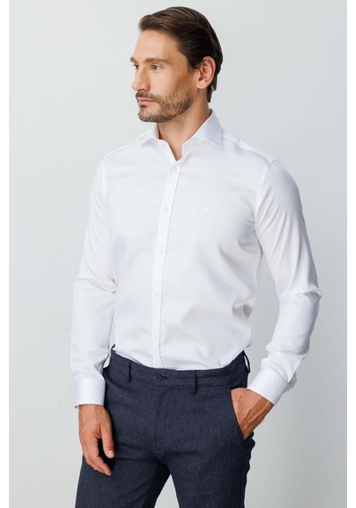 İgs Beyaz Slim Fit Dar Kalıp Klasik Yaka Düz Uzun Kollu Cepsiz %100 Pamuk Non Iron Gömlek -26240