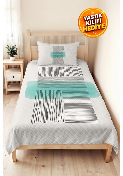 Geometrik Çizgili Mint Genç Odası Tek Kişilik Pike Takımı - Siyah 160x220 Cm Kapitone Yatak Örtüsü Killi Bozkır Harmonu