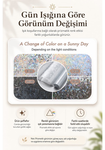 Deconitte Statik Cam Filmi Prizmatik Işık Etkisi 60x100cm Dekoratif Desenli Buzlu Cam Kaplama Pencere Folyosu