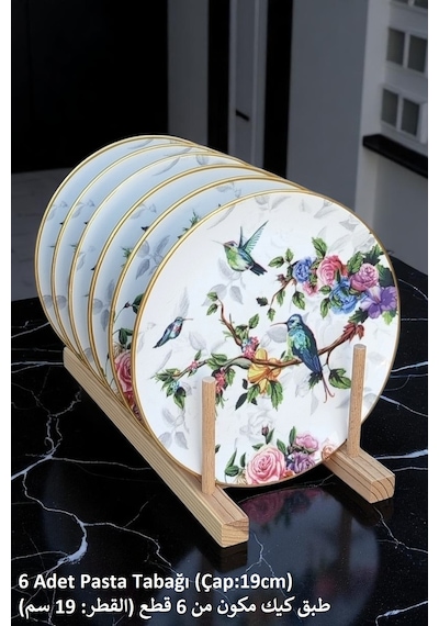 Flora 6 Kişilik Seramik Pasta Tatlı Tabağı Seti - Kuşlu Desenli Çok Renkli
