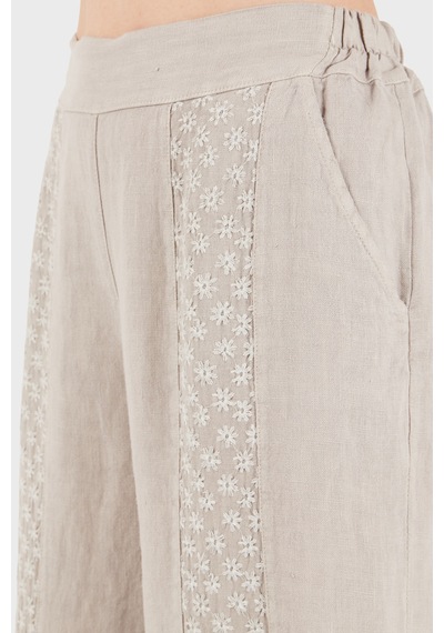 Via Dante % 100 Keten Relaxed Fit Brode İşlemeli Pantolon Bayan Pantolon 69912211 Vizon