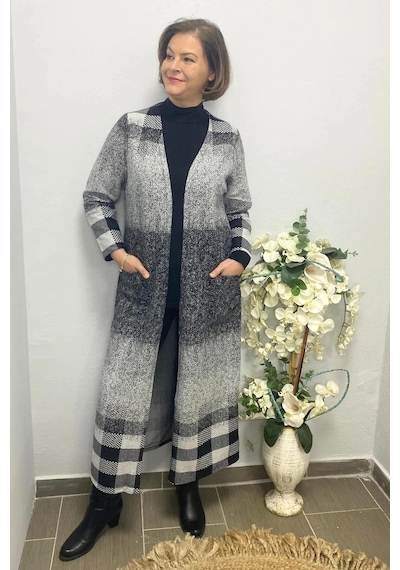Mia Butik Büyük Beden Gri Desenli Uzun Hırka Gri