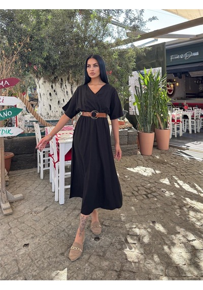WeShaya Siyah Kruvaze Kemerli Midi Elbise Siyah WeShaya Siyah Kruvaze Kemerli Midi Elbise Siyah