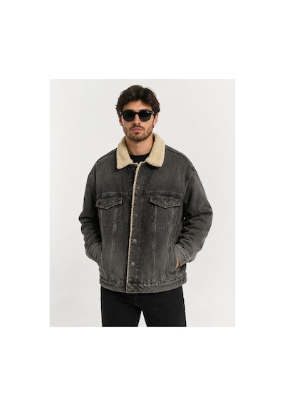 Neco Giyim Erkek İçi Yünlü Kürklü Kot Ceket Antrasit Oversize Denim Kışlık Mont Füme