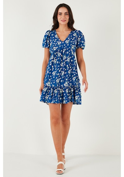 Lela Regular Fit V Yaka Balon Kol Desenli Mini Bayan Elbise 67810045 Koyu Mavi