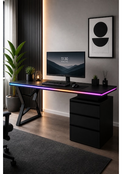 Bilgisayar Masası + Rgb Led - 170 65 77 Cm Kumandalı Ve Telefon Kontrollü Siyah