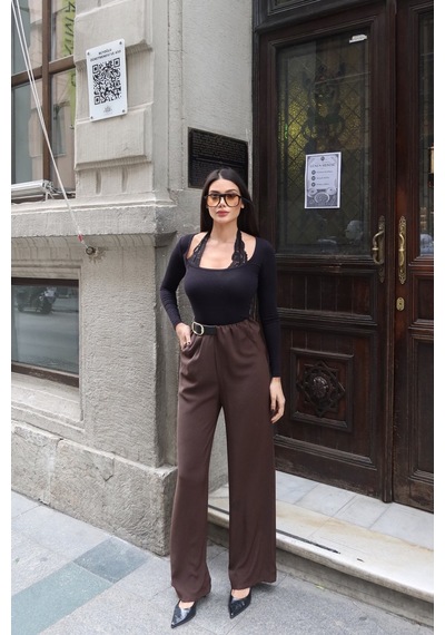 Kechi Woman Linda Twill Kumaş Kemer Detay Pantolon Kahverengi