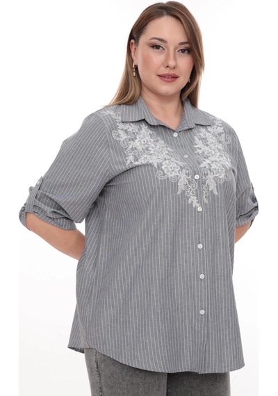 Lady Majestic Büyük Beden Cotton Nakış Detaylı Çizgili Gömlek Şık Ve Rahat Antrasit