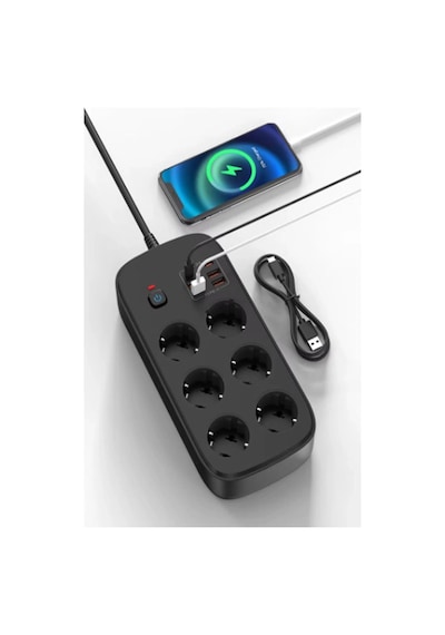 Termal Akım Korumalı 6 Lü Priz 4x Usb 2x Type-c Çıkışlı Grup Priz Çoğaltıcı 3500w Siyah 2 M