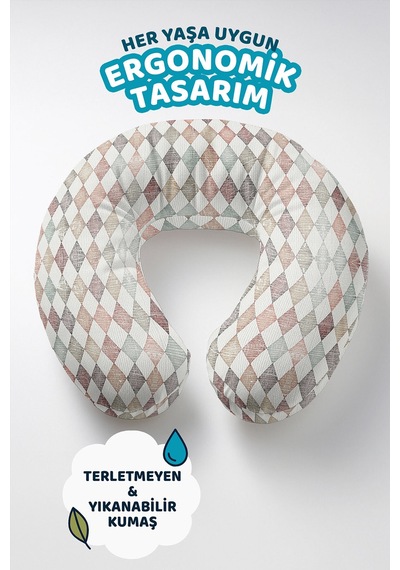 Harlequin Desenli Pamuklu Boyun Yastığı - Pastel Tonlar Krem Mint Yetişkin Seyahat Yastığı Açık Adaçayı Aqua