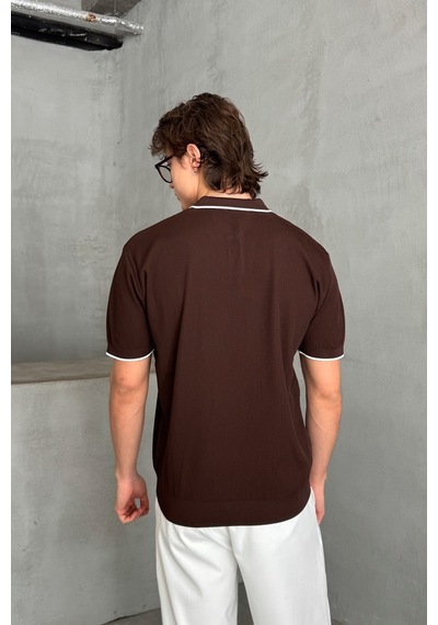 Erkek Oversize Selanik Polo Yaka Triko T-shirt Kahverengi
